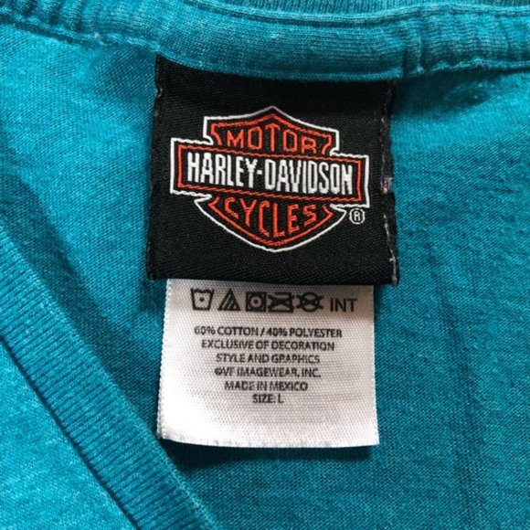 Harley Davidson "2014" Skull 💀 T-Shirt Teal V- neck El Paso Texas Size Large - Picture 4 of 12